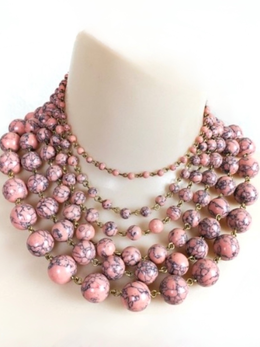 David Aubrey Graduated Multi Strand Coral Pink Gray Stone Chunky Bead Necklace